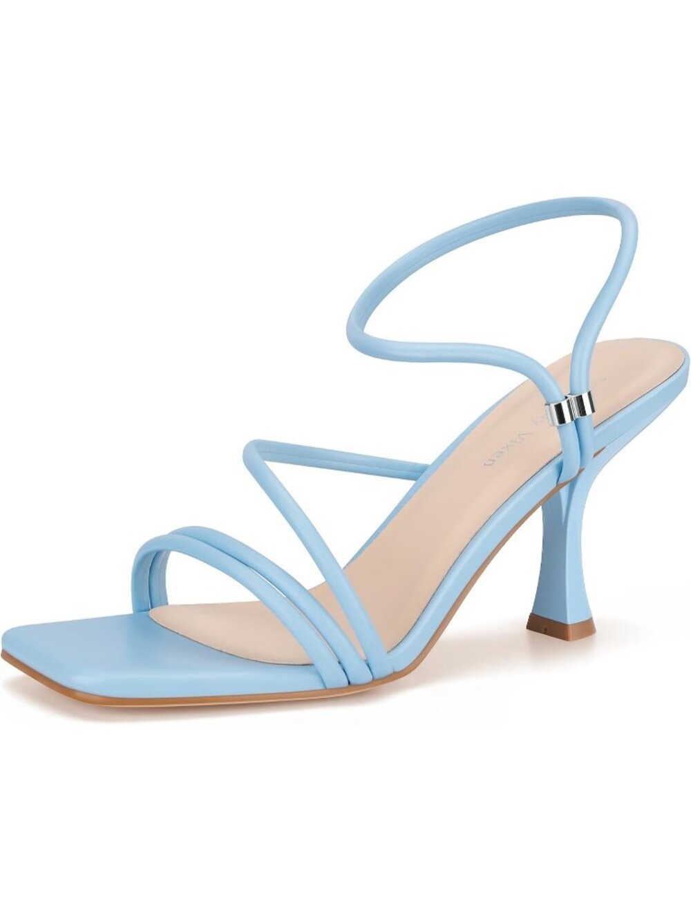 Women's Blue Strappy Square Open Toe Sculpted Spool Heel Slip On Sandals